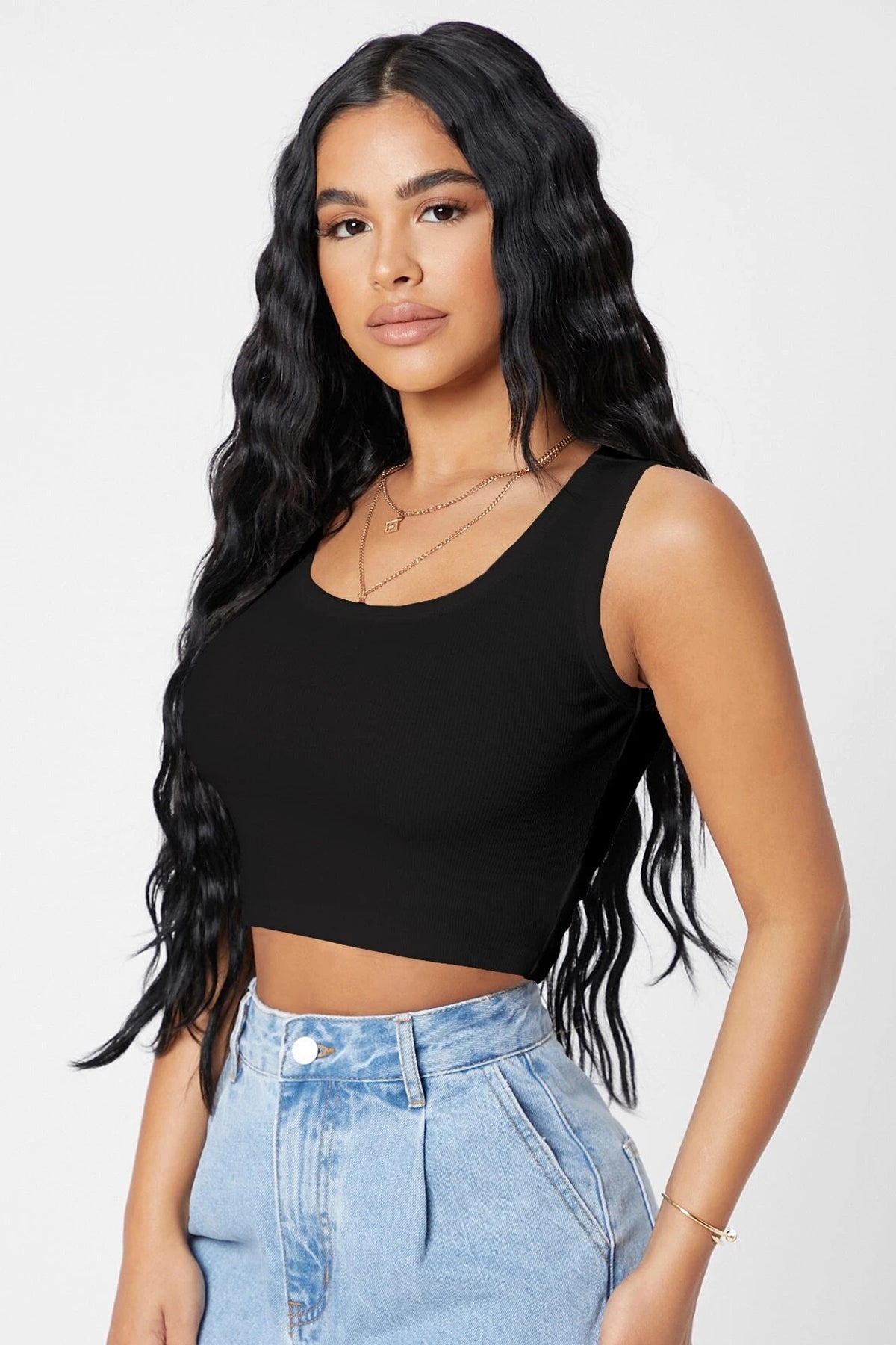 Kadın Siyah Kare Yaka Crop Top Bluz - görsel 5