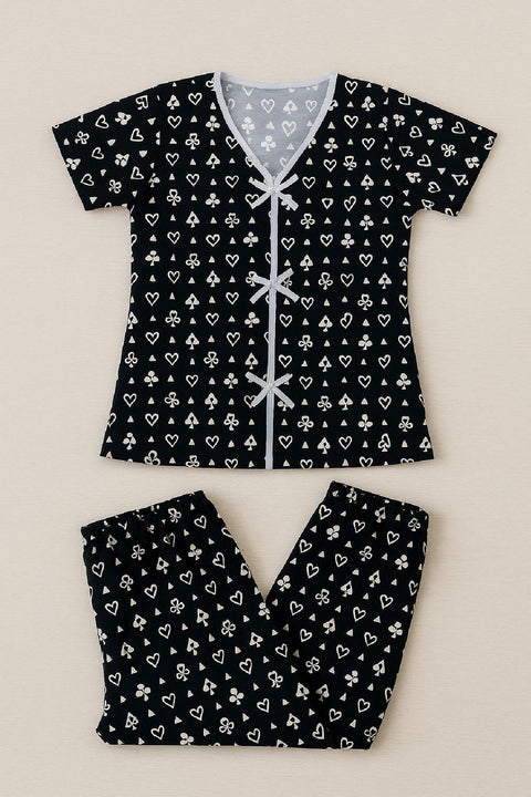 Kadın Siyah Beyaz Kalp Desenli Fiyonklu Kısa Kollu Pijama Takımı - görsel 10