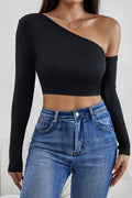Kadın Siyah Tek Omuz Detaylı Uzun Kol Crop Top Bluz - görsel 1