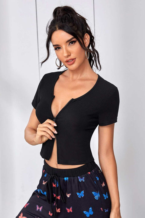 Kadın Siyah Çift Fermuarlı Yarım Kol Crop Top Bluz - görsel 1