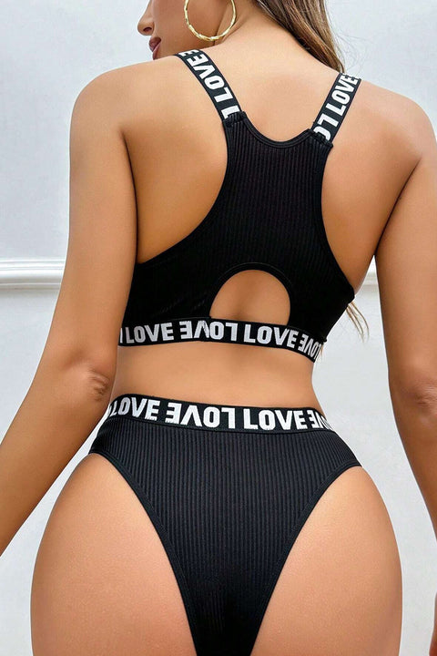 Kadın Siyah Çapraz Sırt ve Love Lastik Detaylı Sütyen Külot Takım - görsel 1