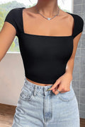 Kadın Siyah Kare Yaka Yarım Kol Göğüs Dekolteli Crop Top Bluz - görsel 1