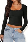 Kadın Siyah Kare Yaka Dantelli Uzun Kollu Crop Top Bluz - görsel 1