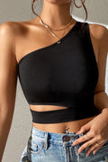 Kadın Siyah Tek Kol Cut Out Göbek Dekolteli Crop Top Bluz - görsel 1