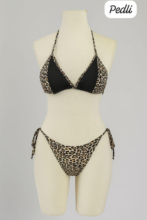 Kadın Siyah ve Leopar Detaylı Yandan Bağlamalı Bikini Takımı - görsel 1