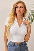 Kadın Beyaz Yarım Fermuarlı ve Kısa Kollu Crop Top Bluz - görsel 1