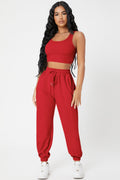 Kadın Kırmızı Kaşkorse Cepli Jogger Eşofman Altı ve Crop Top Bluz - görsel 1