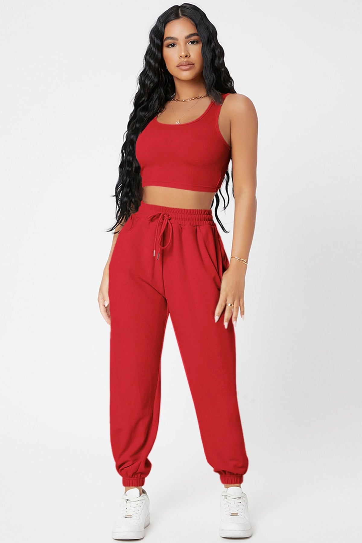 Kadın Kırmızı Kaşkorse Cepli Jogger Eşofman Altı ve Crop Top Bluz - görsel 1