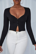 Kadın Siyah Uzun Kollu Düğmeli Göğüs ve Göbek Dekolteli Crop Top Bluz - görsel 1