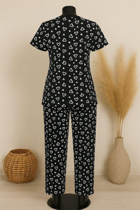 Kadın Siyah Beyaz Kalp Desenli Fiyonklu Kısa Kollu Pijama Takımı - görsel 2