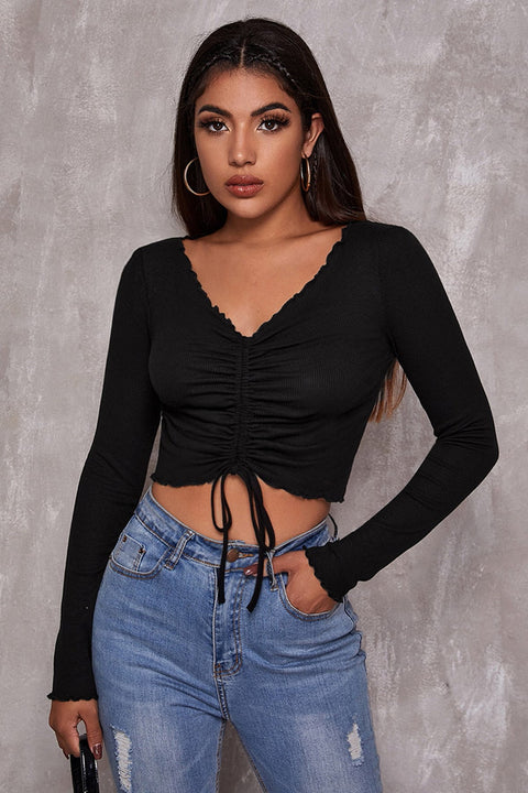 Kadın Siyah Uzun Kollu Büzdürme Bağcık Detaylı Crop Top Bluz - görsel 1