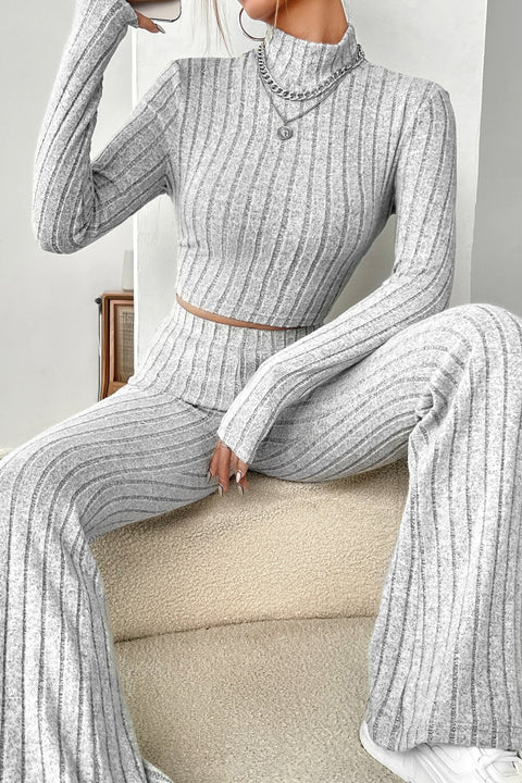 Kadın Gri Çizgili Boğazlı Crop Top ve Yüksek Bel Pantolon Takım - görsel 1