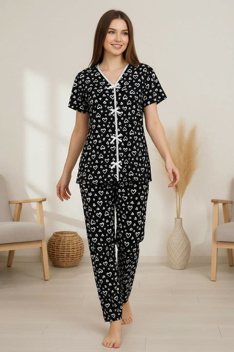 Kadın Siyah Kalp Desenli Fiyonklu Kısa Kollu Uzun Pijama Takımı - görsel 1
