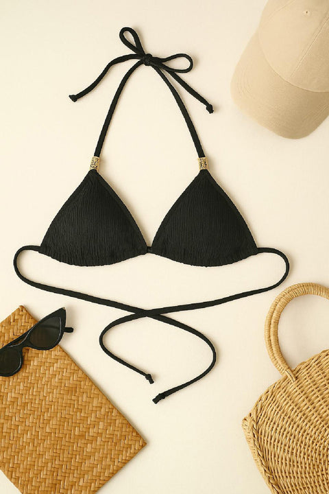 Kadın Siyah Pedli Üçgen Bikini Üstü Halter Bağlamalı Aksesuarlı - görsel 1