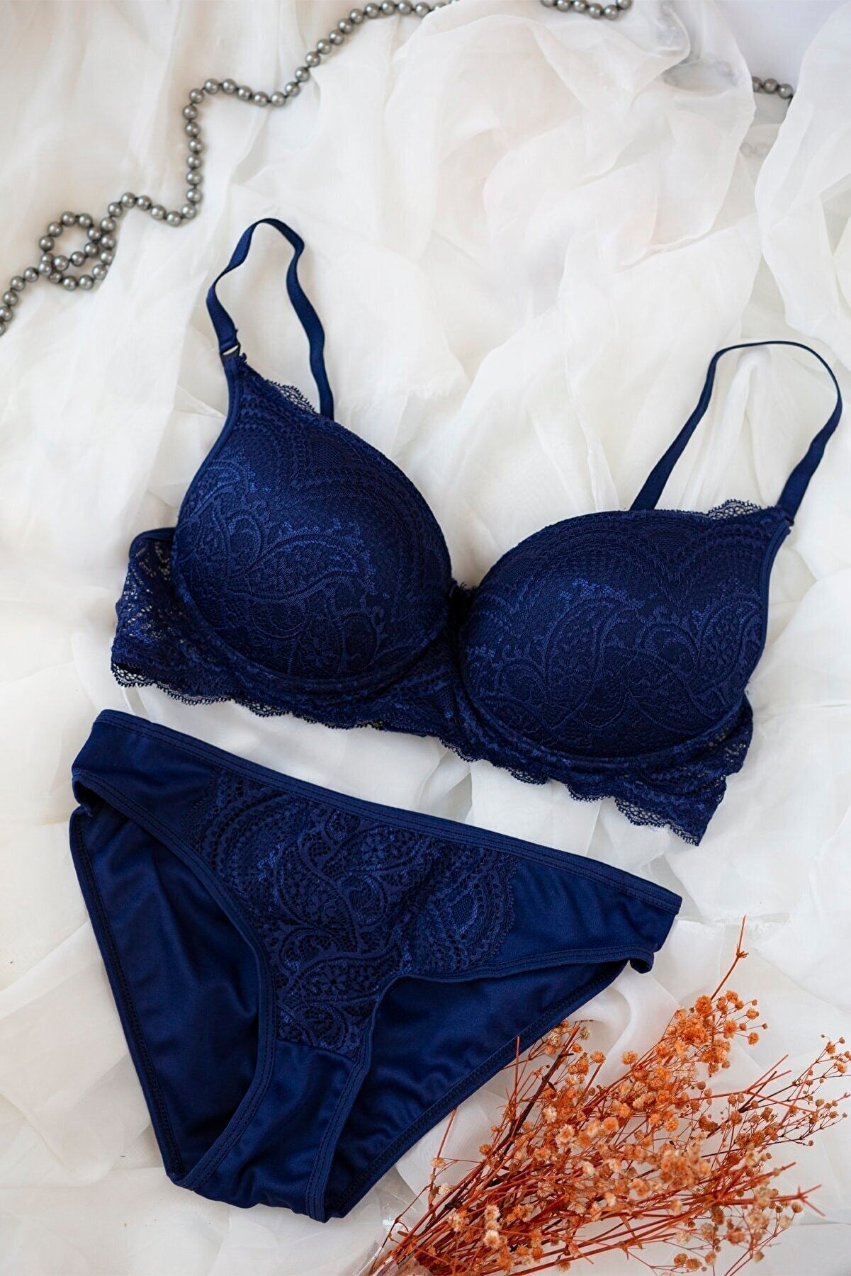 Kadın Lacivert Dolgulu Dantel Sütyen Ve Külot Takım - görsel 1