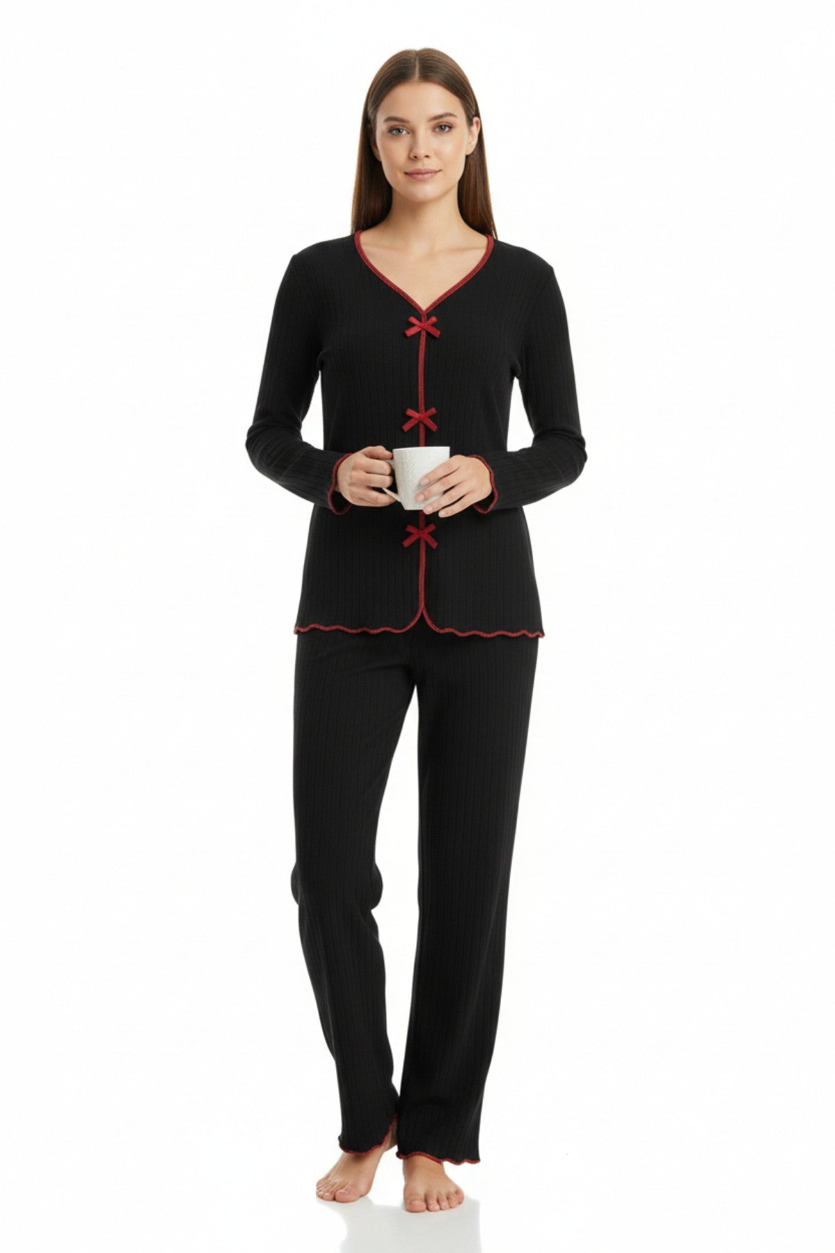 Premium Kadın 4’lü Fitilli Set – Siyah Kırmızı Biyeli (Pijama Üst, Pantolon, Bikini Takımı) - görsel 2