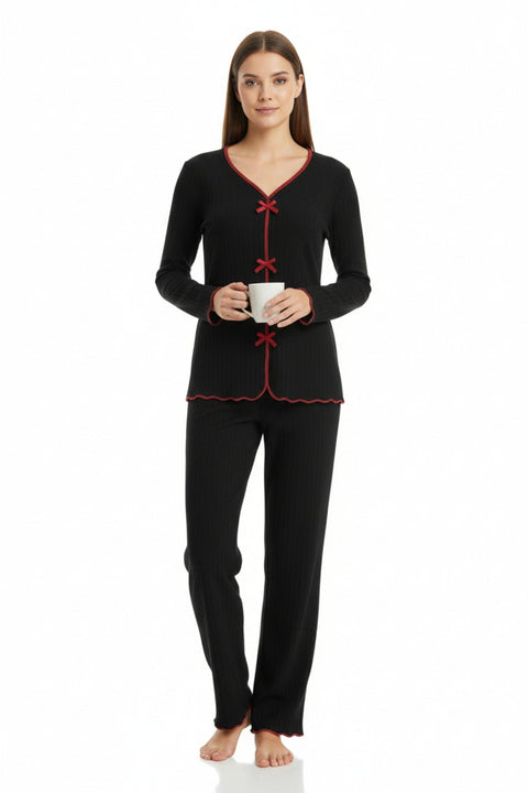 Premium Kadın 4’lü Fitilli Set – Siyah Kırmızı Biyeli (Pijama Üst, Pantolon, Bikini Takımı) - görsel 2