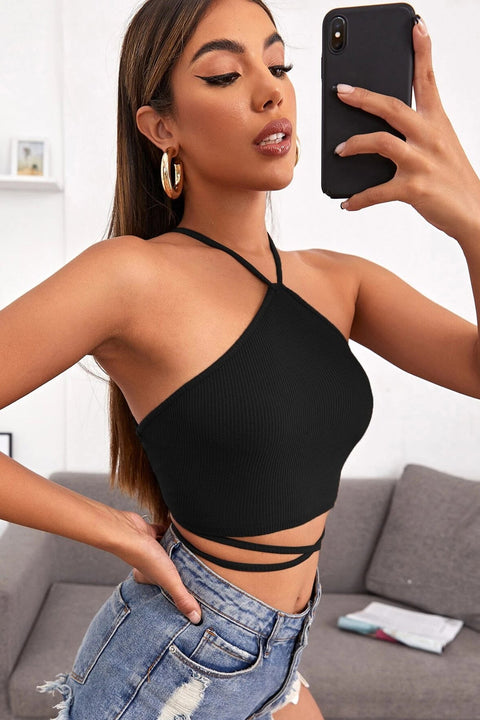 Kadın Siyah Sırtı Açık Boyundan Çapraz Bağlamalı Crop Top Bluz - görsel 1