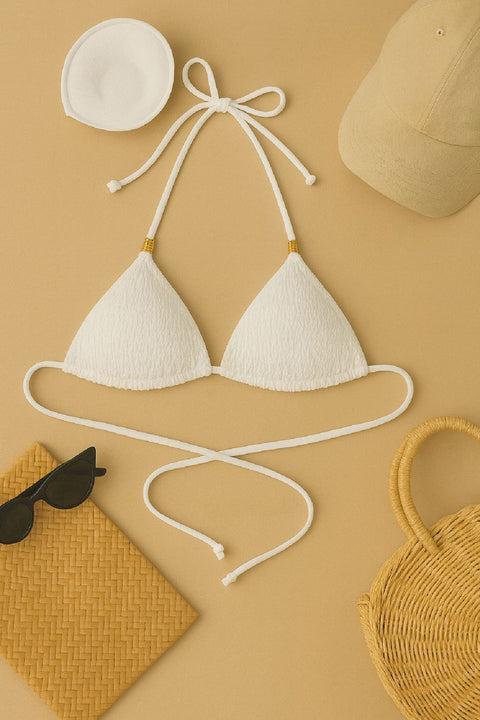 Kadın Beyaz Pedli Üçgen Bikini Üstü Halter Bağlamalı Aksesuarlı - görsel 1