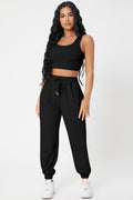 Kadın Siyah Kaşkorse Cepli Jogger Eşofman Altı ve Crop Top Bluz - görsel 1