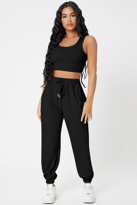 Kadın Siyah Kaşkorse Cepli Jogger Eşofman Altı ve Crop Top Bluz - görsel 1