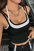 Kadın Beyaz Siyah Çift Renk Çapraz Askılı Crop Top Bluz - görsel 1