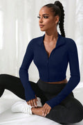 Kadın Lacivert Uzun Kol Fermuarlı Parmak Geçme Detaylı Dik Yaka Crop Top Bluz - görsel 1