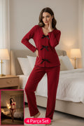 Kadın Bordo Fiyonklu İç Çamaşırı ve Uzun Kollu V Yaka Pijama Takımı 4'lü Set - görsel 1