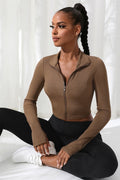 Kadın Kahverengi Uzun Kol Fermuarlı Parmak Geçme Detaylı Dik Yaka Crop Top Bluz - görsel 1