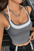 Kadın Antrasit Gri Beyaz Çift Renk Çapraz Askılı Crop Top Bluz - görsel 1