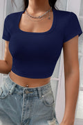 Kadın Lacivert Yarım Kol Düz Yaka Crop Top Bluz - görsel 1
