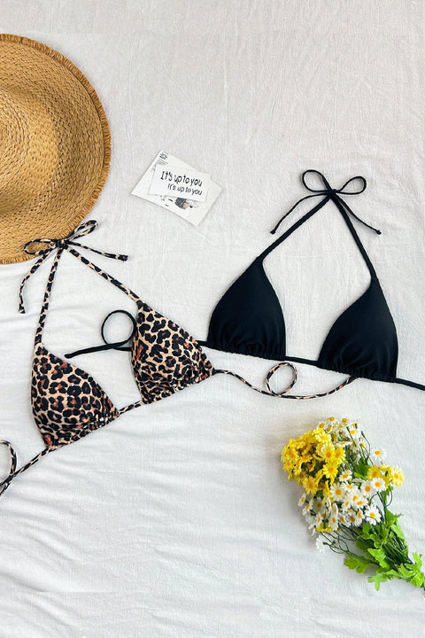 Kadın Leopar Desenli ve Siyah Minimal Kesim Üçgen Bikini Üstü - görsel 1