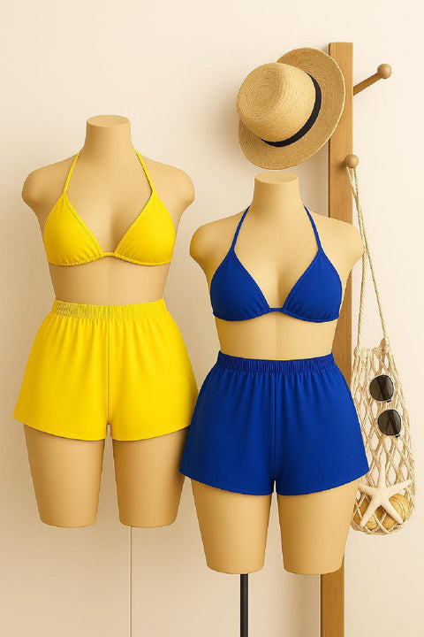 Kadın Sarı ve Mavi Şortlu Belden ve Boyundan Bağlamalı Bikini Takımı - görsel 1