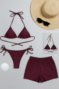 Kadın 3'lü Set Bordo Şortlu ve Yandan Bağlamalı Bikini Mayo Takımı - görsel 1