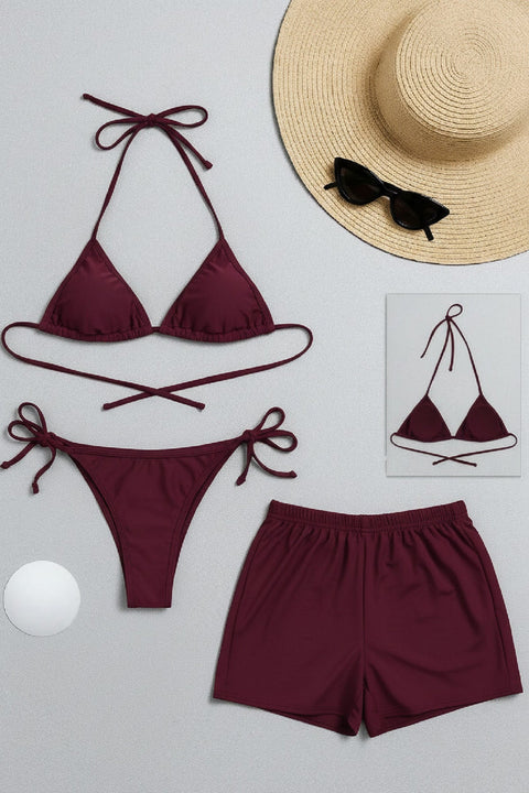 Kadın 3'lü Set Bordo Şortlu ve Yandan Bağlamalı Bikini Mayo Takımı - görsel 1
