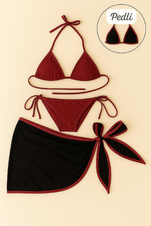 Kadın Bordo Siyah Pareolu Yandan ve Boyundan Bağlamalı 3'lü Bikini Takımı - görsel 1