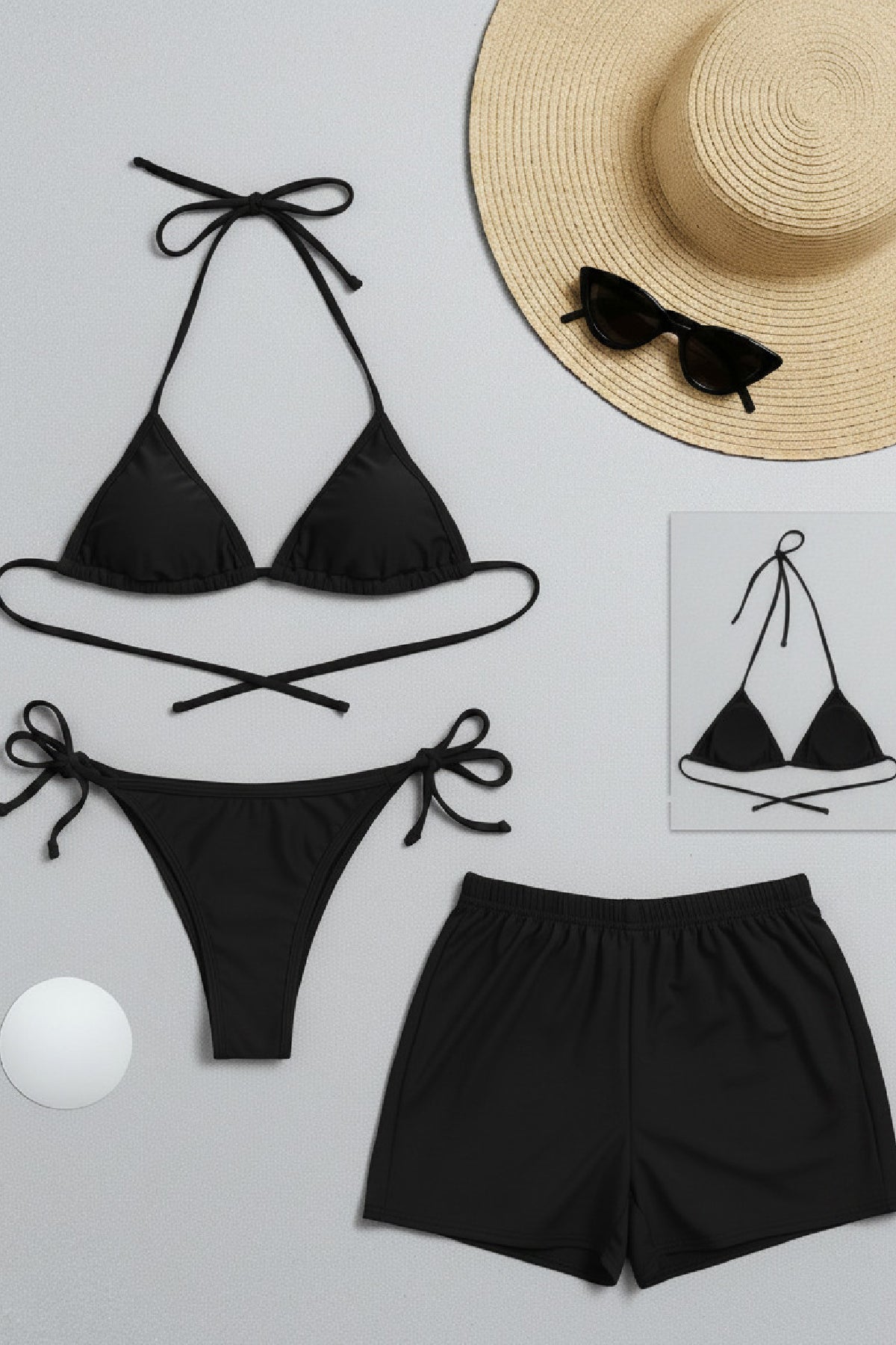 Kadın 3'lü Set Siyah Şortlu ve Yandan Bağlamalı Bikini Mayo Takımı - görsel 1