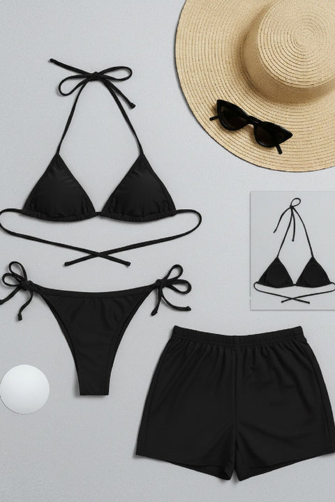 Kadın 3'lü Set Siyah Şortlu ve Yandan Bağlamalı Bikini Mayo Takımı - görsel 1