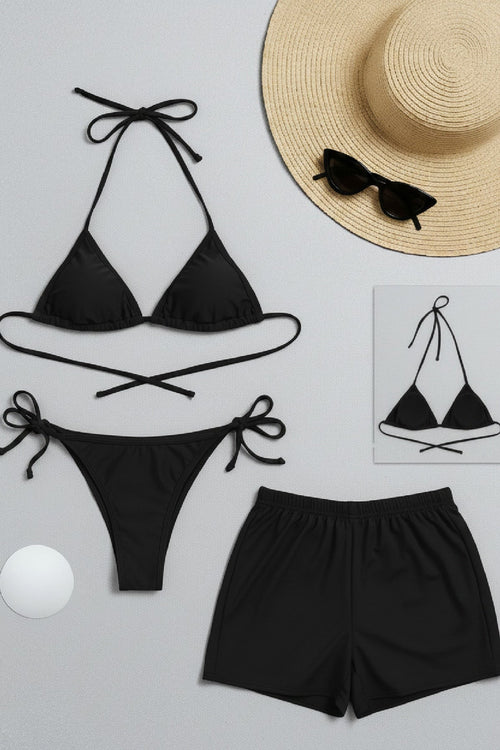 Kadın 3'lü Set Siyah Şortlu ve Yandan Bağlamalı Bikini Mayo Takımı - görsel 1