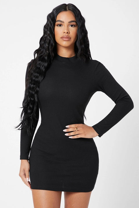Kadın Siyah Kaşkorse Balıkçı Yaka Uzun Kollu Bodycon Mini Elbise - görsel 1
