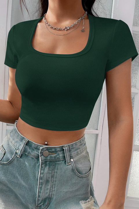 Kadın Yeşil Yarım Kol Düz Yaka Crop Top Bluz - görsel 1
