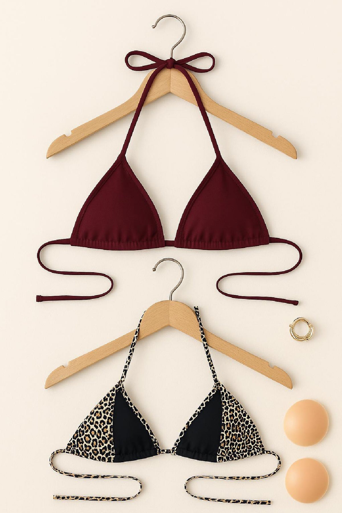 Kadın Leopar Desenli ve Bordo Minimal Kesim Üçgen Bikini Üstü - görsel 2