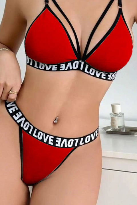 Kadın Kırmızı Love Yazı Detaylı Harness İç Çamaşır Takımı - görsel 1