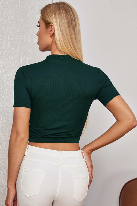 Kadın Yeşil Yarım Fermuarlı ve Kısa Kollu Crop Top Bluz - görsel 2