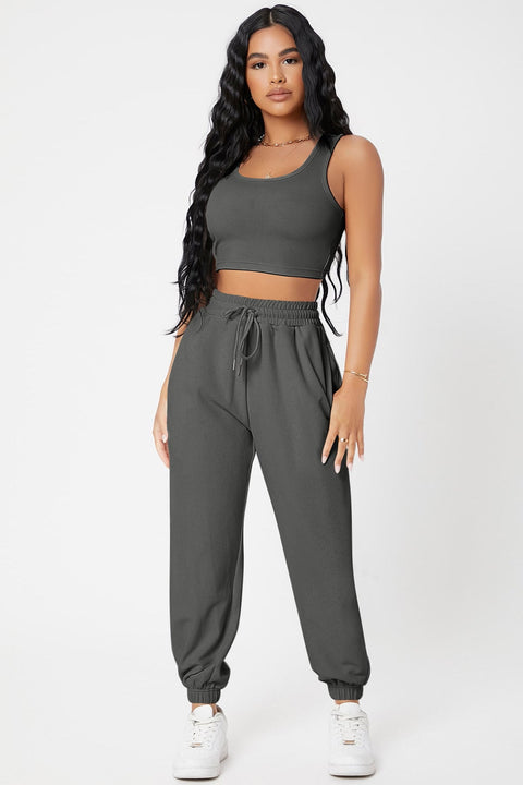 Kadın Antrasit Gri Kaşkorse Cepli Jogger Eşofman Altı ve Crop Top Bluz - görsel 1