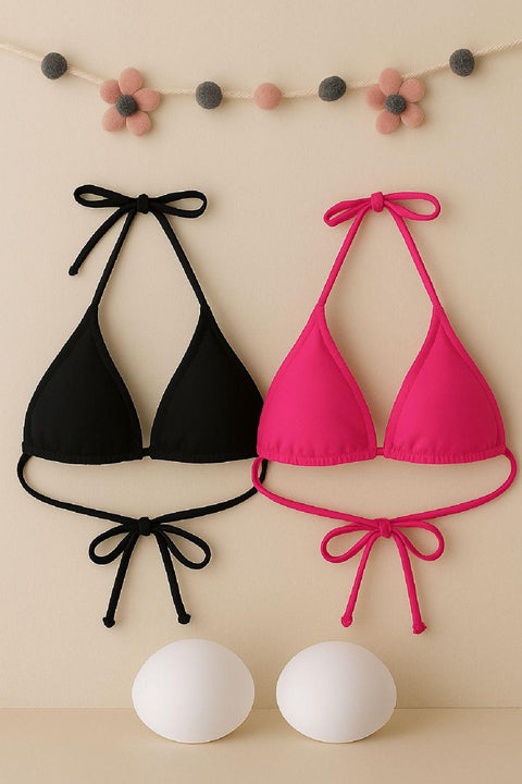 Kadın Siyah ve Fuşya Minimal Kesim Üçgen Bikini Üstü - görsel 1