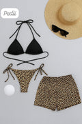 Kadın 3'lü Set Siyah ve Leopar Desenli Şortlu Yandan Bağlamalı Bikini Mayo Takımı - görsel 1