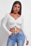 Kadın Beyaz Uzun Kollu Büzdürme Bağcık Detaylı Crop Top Bluz - görsel 1