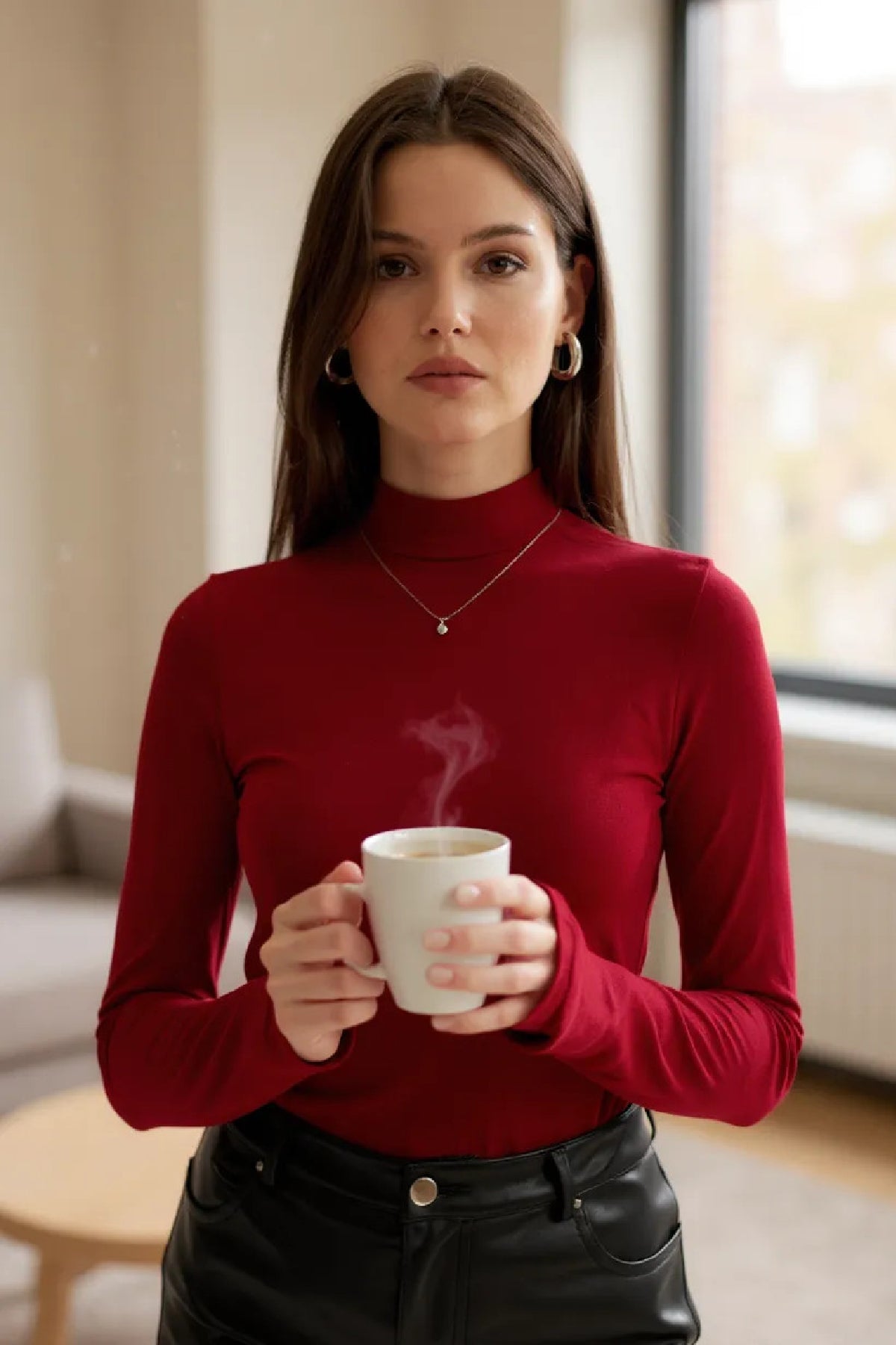 Kadın Bordo Parmak Detaylı Esnek Uzun Kollu Body - görsel 1