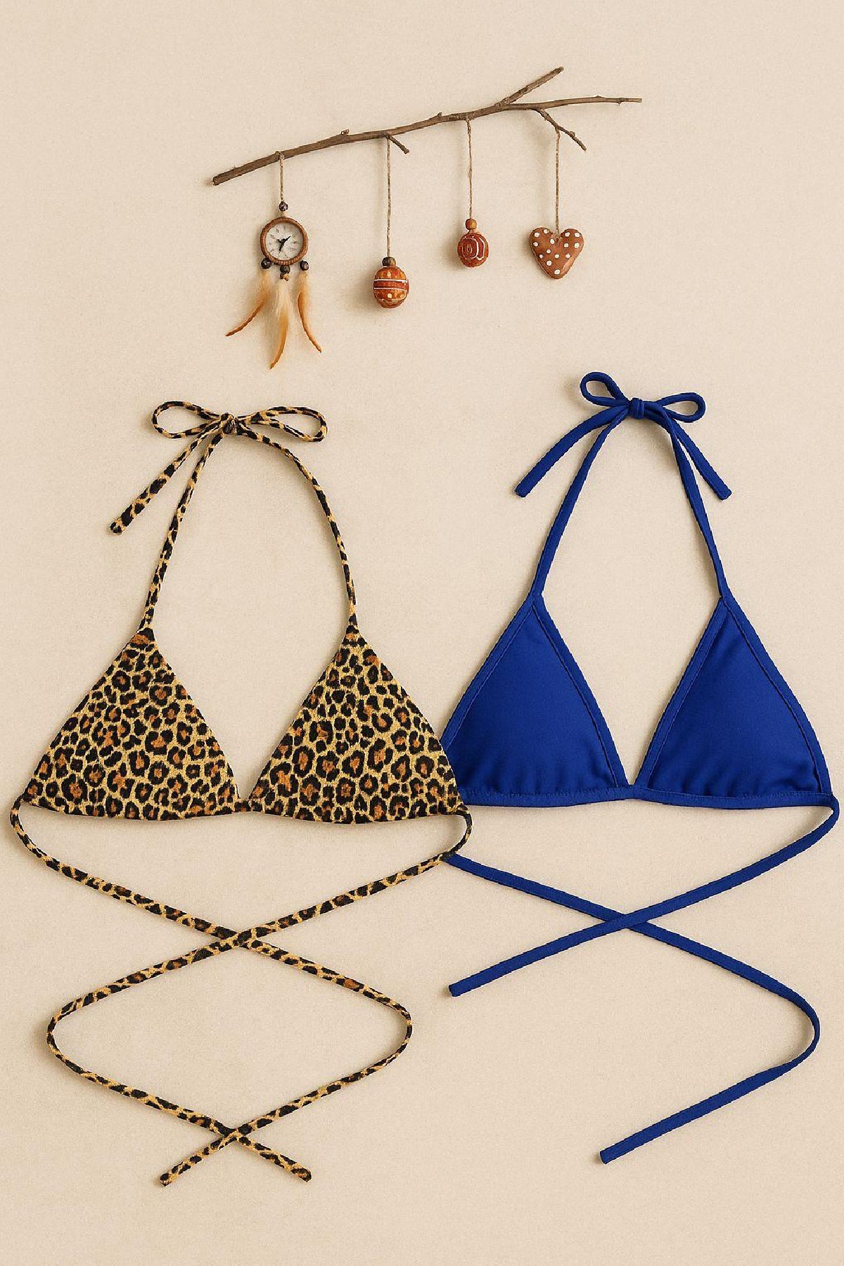Kadın Leopar Desenli ve Mavi Minimal Kesim Üçgen Bikini Üstü - görsel 1